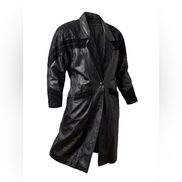 Vintage Springwest Women's Full Length Black Leather Trench Coat Size L P2P 23” - Picture 1 of 5